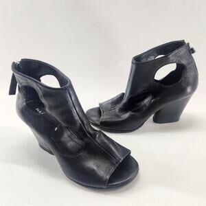Halmanera Leather Ankle Block Heel Booties Cut Out Peep Toe EU 37 US 6.5 Black